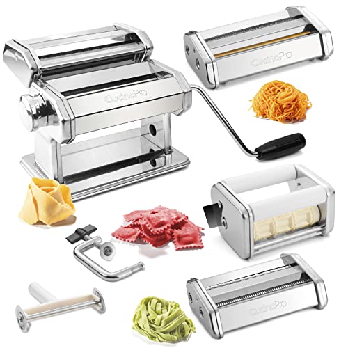 Pasta Maker Deluxe Set 5 Piece Steel Machine w Spaghetti Fettuccini Roller Angel Hair Ravioli Noodle Lasagnette Cutter Attachments Includes Hand Crank Counter Top Clamp Cleaning Brush Fall Cooking