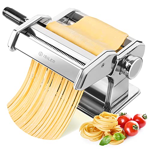 Pasta Machine ISILER 9 Adjustable Thickness Settings Pasta Maker 150 Roller Noodles Maker with Washable Aluminum Alloy Rollers and Cutter FDA Approved for Pasta Spaghetti Fettuccini Lasagna