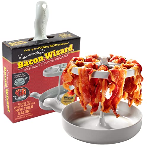 Microwave Bacon Cooker  Bacon Wizard Cooks 1LB of Bacon and Reduces Fat by 40  Crispier Healthier Quicker Bacon Every time  Grease Catcher Makes Clean Up Easy  Great for Fall Cooking or Parties