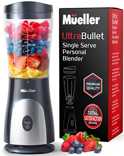 Mueller Ultra Bullet Personal Blender for Shakes and Smoothies with 15 Oz Travel Cup and Lid Juices Baby Food HeavyDuty Portable Blender  Food Processor Grey