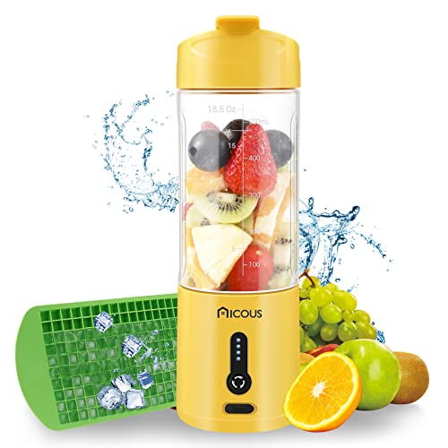 Portable Blender for Shakes and Smoothies 18 Oz Personal Blender with Ice Cube Tray and Cleaning Brush 6 Blades WaterProof TypeC Rechargeable Fresh Juice Mini Blender for Travel Home Office (Yellow)