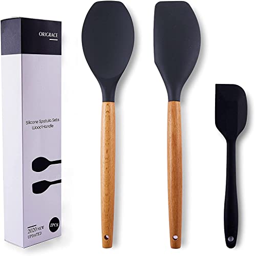 ORIGRACE Heat Resistant Silicone Spatulas Set for Nonstick Cookware Wooden Handle Rubber Spatulas Gray Kitchen Cooking Spoon Spatula Utensils Set NonStick BakingMixing Scraper Silicon Spatula sets
