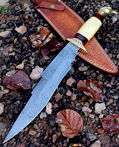 Damascus Steel Custom Handmade 16 Camel Bone Handle Hunting Bowie Knife