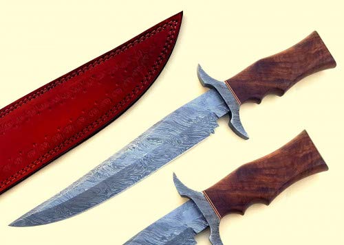 Damascus Steel Custom Handmade 16 Rose Wood Handle Hunting Bowie Knife