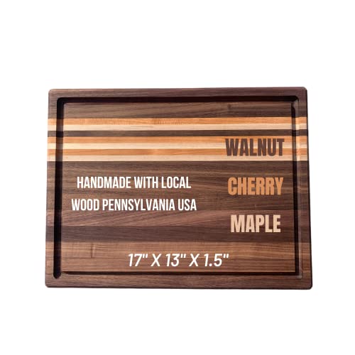 Hess Woodwork  Thick Handcrafted Cutting Board with Juice Groove  Made in the USA 2in1 Reversible Serving Board  Authentic Walnut Cherry  Maple Wood  (17 x 13 x 15)