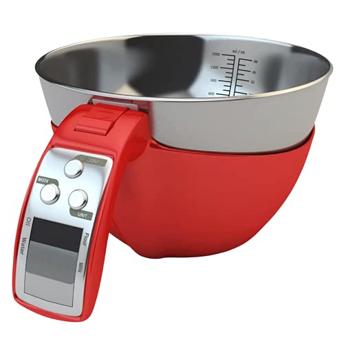 Fradel Digital Kitchen Food Scale with Bowl (Removable) and Measuring Cup  Stainless Steel Backlight 11lbs Capacity  Cooking Baking Gym Diet  Precise Measuring (Red)