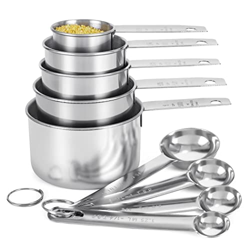 BOBIPRO Stainless Steel Measuring Cups and Spoons Set of 9  Includes 5 Metal Measure Cups  4 Measure Spoons Kitchen Measuring Tools for Cooking  Baking
