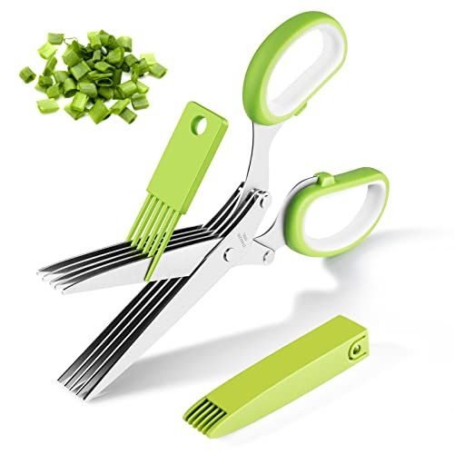Herb Scissors Eoaazue Multipurpose 5 Blade Herb Shears Stainless Steel Sharp Herb Cutter Kitchen Gadgets with Safety Cover and Cleaning Comb for Chopping Chive Vegetables Salad Parsley (Green)