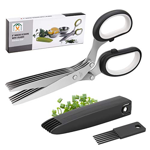 Joyoldelf Gourmet Herb Scissors Set  Master Culinary Multipurpose Cutting Shears with Stainless Steel 5 Blades Herb Stripper Safety Cover and Cleaning Comb for Cutting Cilantro Onion Salad
