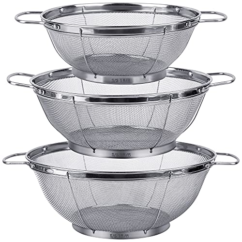 3 Pack 188 Stainless Steel Colander Sieves Mesh Strainer Net Baskets with Handles  Resting Base Multi Sized for Strain Drain Rinse or Steam