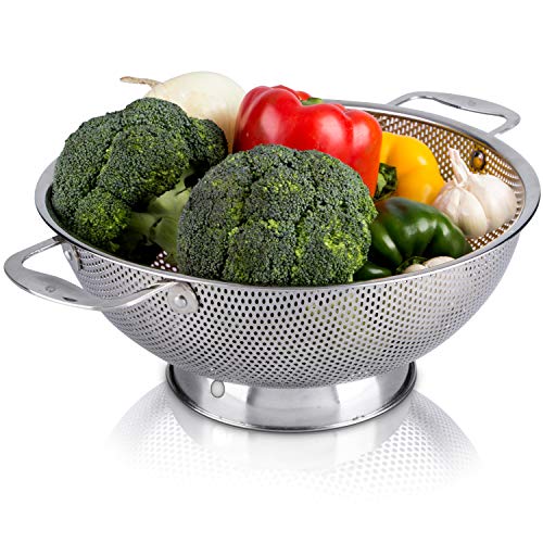 LiveFresh Stainless Steel MicroPerforated 5Quart Colander  Professional Strainer with Heavy Duty Handles and Selfdraining Solid Ring Base  Dishwasher Safe