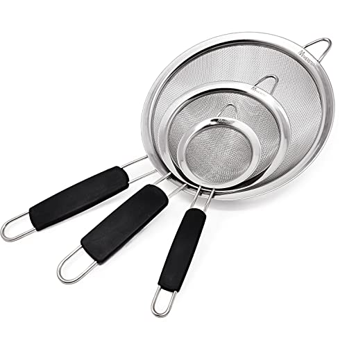 Makerstep Set of 3 Stainless Steel Fine Mesh Strainers Graduated Sizes 338 55 787 Strainer Wire Sieve Sifter with Insulated Handle for Kitchen Gadgets Tools  New Home Kitchen Essentials