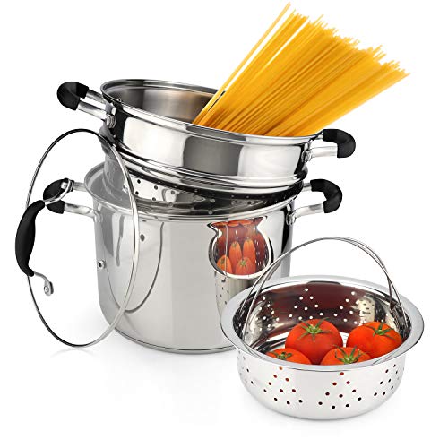 AVACRAFT 1810 Stainless Steel 4 Piece Pasta Pot with Strainer Insert Stock Pot with Steamer Basket and Pasta Pot Insert Pasta Cooker Set with Glass Lid 7 Quart