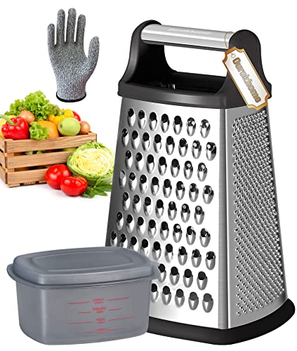Ourokhome Professional Box Graters with Container Stainless Steel 4 Sides Kitchen Slicer Shredder Zester Grater for Parmesan Cheese Vegetables Ginger 10 Inch a Resistant Glove for Gift (Black)