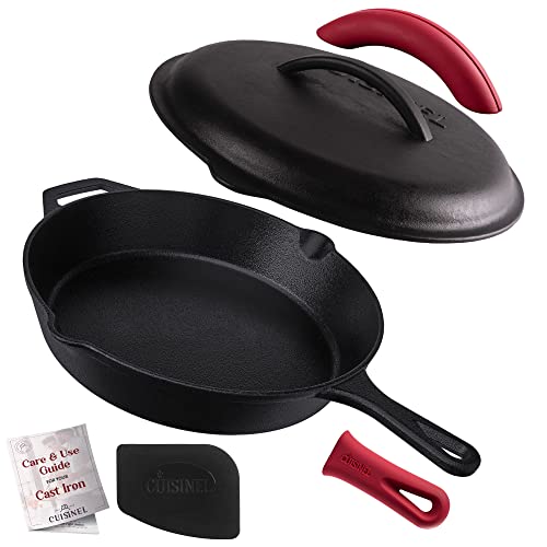 Cast Iron Skillet with Lid  12inch PreSeasoned Covered Frying Pan Set  Silicone Handle  Lid Holders  ScraperCleaner  IndoorOutdoor Oven Stovetop Camping Fire Grill Safe Kitchen Cookware
