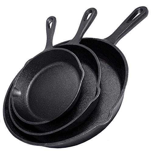 Simple Chef Cast Iron Skillet 3Piece Set  Best HeavyDuty Professional Restaurant Chef Quality PreSeasoned Pan Cookware Set  10 8 6 Pans  Great For Frying Saute Cooking Pizza  MoreBlack