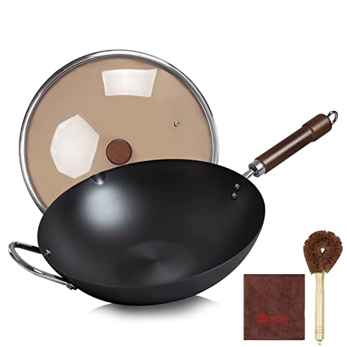 WANGYUANJI Carbon Steel Wok 1259 Woks and Stir Fry Pans (Free Dish Cloth  Brush) Flat Bottom Chinese Traditional Iron Pot with Detachable Wooden Handle Practical Gift