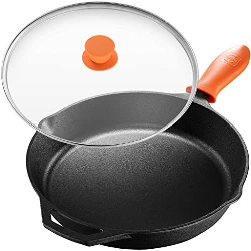 Legend Cookware  Cast Iron Skillet with Lid  Large 12 Frying Pan with Glass Lid  Silicone Handle for Oven Induction Cooking Pizza Sautéing  Grilling