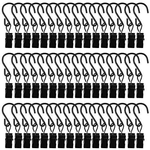 S Hooks Clip with Hooks 50PCS Iron Curtain Clips Lamp Hook Stainless Steel Curtain Clip String Clips Hooks for Home Decoration Outdoor Party Hanging Wire Holder Art Craft Display (Black)