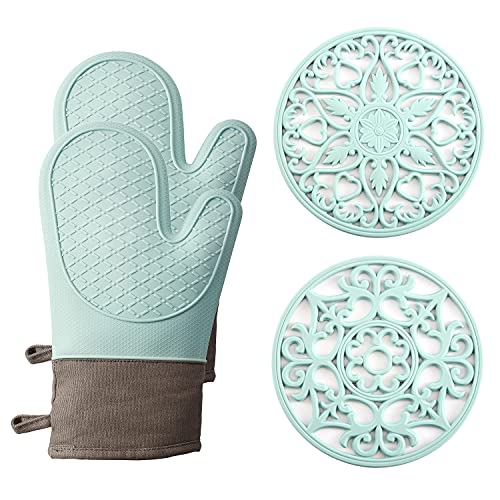 Domonic Home Oven Mitts and Pot Holders Sets Silicone Oven Mitts Heat Resistant 600F Oven Mitt Set Soft Lining Good Grip Oven Gloves and Trivet Mats 4 Piece Set Aqua Sky