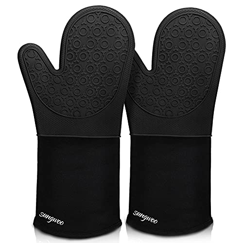Extra Long Silicone Oven Mitts sungwoo Durable Heat Resistant Oven Gloves with Quilted Liner NonSlip Textured Grip Perfect for BBQ Baking Cooking and Grilling  1 Pair 146 Inch Black