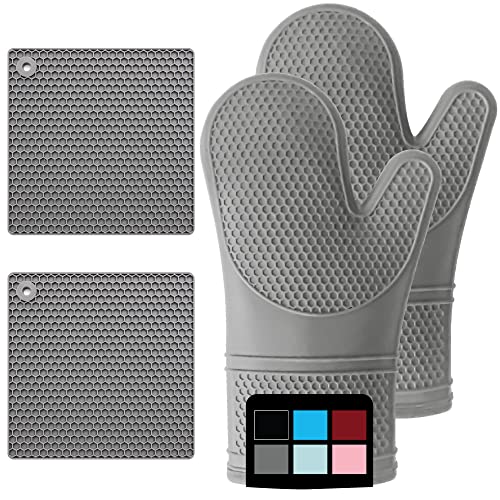 Gorilla Grip Heat Resistant Silicone Oven Mitt and Pot Holder 4 Piece Set Waterproof Soft Cotton Lined Gloves Includes 2 Flexible Cooking Mitts and Trivet Mats Potholder for Hot Pots Pans Gray
