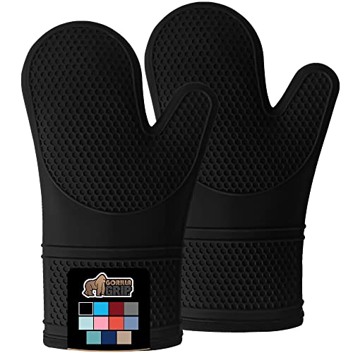 Gorilla Grip Heat and Slip Resistant Silicone Oven Mitts Set Soft Cotton Lining Waterproof BPAFree Long Flexible Thick Gloves for Cooking BBQ Kitchen Mitt Potholders Sets of 2 125 in Black