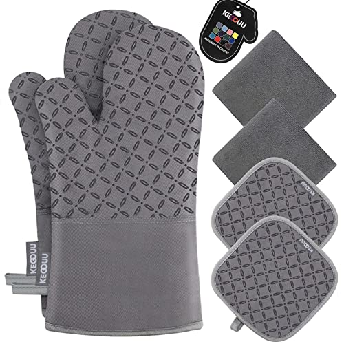 KEGOUU Oven Mitts and Pot Holders 6pcs Set Kitchen Oven Glove High Heat Resistant 500 Degree Extra Long Oven Mitts and Potholder with NonSlip Silicone Surface for Cooking (Grey)