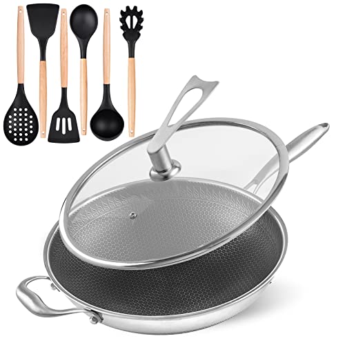 126 Inch Stainless Steel Wok Pan with Lid NonStick Wok Stir Fry Pan with Steel Cool Handle and 6 Pcs Cookware Accessories Set Dishwasher and Oven Safe