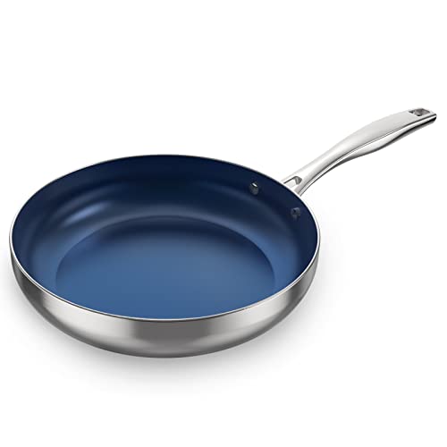 Ciwete 10 Inch Nonstick Frying Pan Stainless Steel TriPly Bonded 10 Skillet with Stainless Steel Cool Handle PFASFree Non Stick Fry Pan Oven Safe Dark Blue