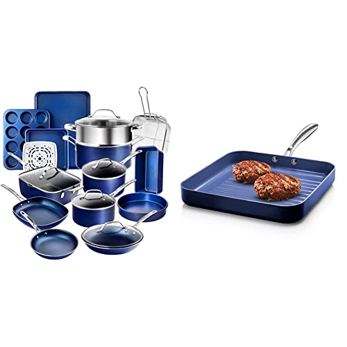Granitestone Blue 20 Piece Pots and Pans Set  105 Grilling Pan Diamond Infused Metal Utensil Sear Ridges for Grease Draining Stay Cool StainlessSteel Handle Oven  Dishwasher Safe