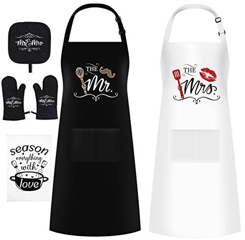 Mr and Mrs GiftsAnniversary Wedding Gift for CoupleChristmas Bridal Shower Bachelorette Engagement for Bride Newly EngagedRegistry ItemsKitchen Aprons with Oven Mitts Pot holder  Dish Towel