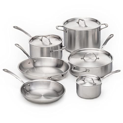 Kitchara 1810 Stainless Steel Cookware  Non Toxic 5 Ply  Fully Clad Stainless Steel  Professional Chef Quality 10 Piece Pot and Pan Set with Frying Pans Saucepans Saute Pan and Stockpot