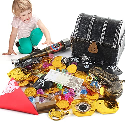 ELEpure 142Pirate Treasure Chest Box Toys Cosplay for Halloween Party for Kid Black Silver Plating Treasure Storage Box with Lock and KeysGold CoinsGems CompassEye PatchRingsKidsParty Favor Set