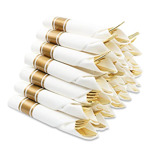 30 Pack Pre Rolled Gold Plastic Cutlery Set Premium Quality Gold Plastic Utensils Includes 30 Forks 30 Knives 30 Spoons 30 Napkins Disposable Cutlery Set for Wedding Catering Event and Party