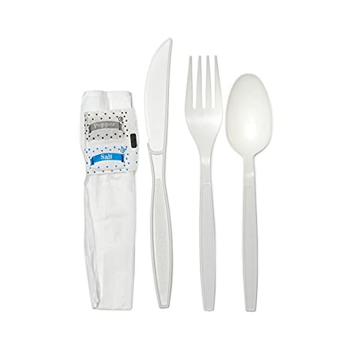 Disposable Individually Wrapped White Plastic Cutlery Kit  Heavy Duty Fork Spoon Knife Napkin Salt Pepper Set  6 in 1 Meal Kit  Plastic Silverware Utensil Set To Go Catering Restaurants (50)
