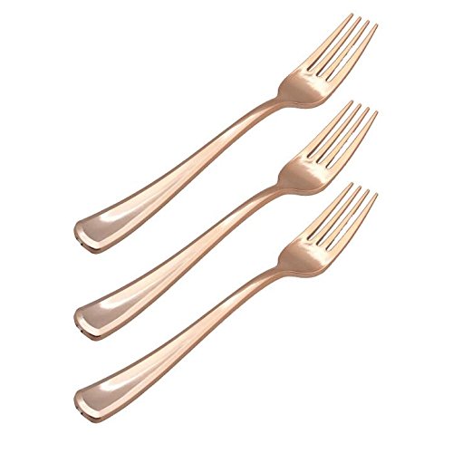 Exquisite 160 Disposable Plastic Rose Gold Forks Silverware Fancy Plastic Cutlery Heavy Duty Quality Utensils for Catering Formal Events Wedding Parties Dinner and all other occasions