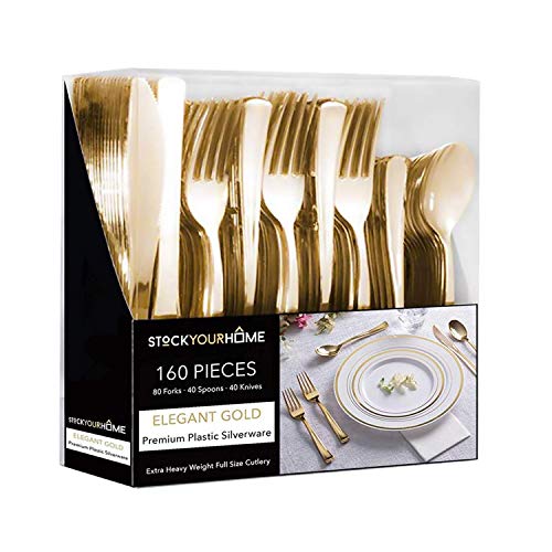 Gold Plastic Silverware Set (160 Bulk Pack) Disposable Cutlery Utensils 80 Gold Forks 40 Gold Knives 40 Gold Spoons Heavy Duty Flatware For Holidays Parties Dinners Weddings and Occasions