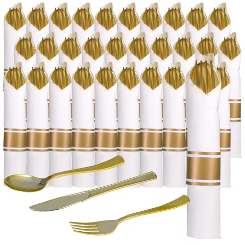 Gold Plastic Silverware set  60 Pack Disposable Plastic Cutlery Set Plastic Silverware Heavy Duty Wrapped Silverware Set Disposable with Napkins for Catering Events Parties and Weddings