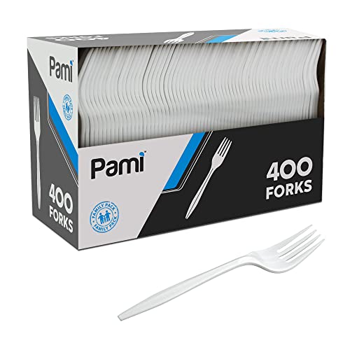 PAMI MediumWeight Disposable Plastic Forks 400Pack  Bulk White Plastic Silverware For Parties Weddings Catering Food Stands Takeaway Orders  More Sturdy SingleUse Partyware Forks