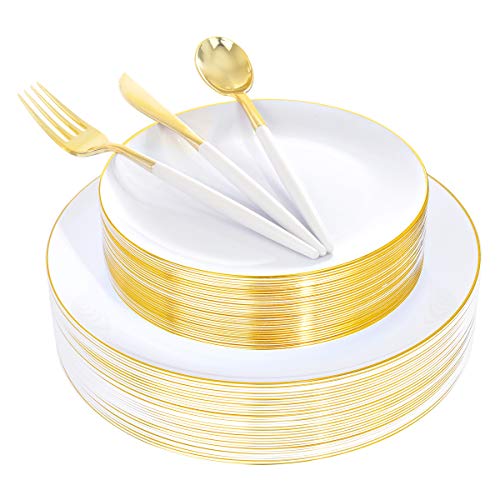 Supernal 150pcs White and Gold Plastic PlatesGold Plastic SilverwareGold Plastic Dinnerware Set Includes 60 Gold Plates30 Forks30 Knives30 Spoons For Weddings Celebrations and Parties