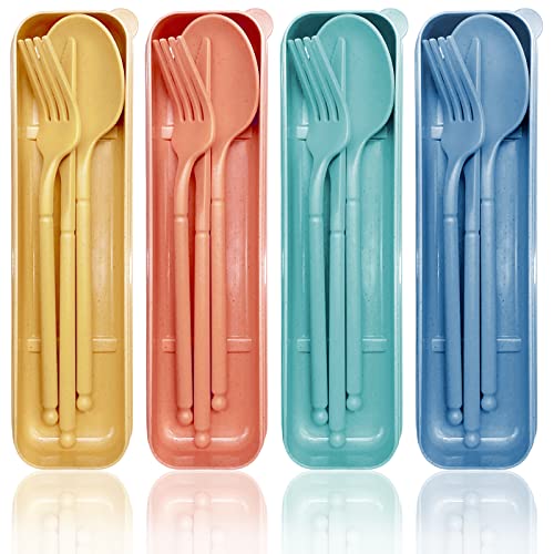 4 Sets Wheat Straw CutleryPortable Cutlery SetReusable Spoon Knife Forks Tableware for Travel Picnic Camping or Daily Use (4 Colors)