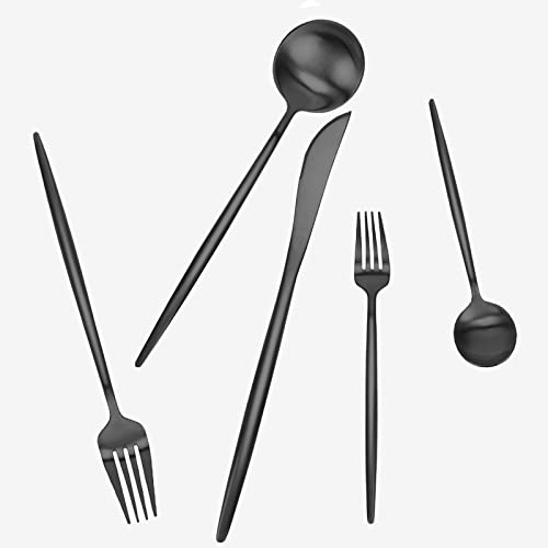 Matte Black Silverware Set 30 Pieces FAMEWARE Stainless Steel Flatware Set，Service for 6，Kitchen Utensil Set Tableware Cutlery Set Satin Finished Polished  Dishwasher Safe