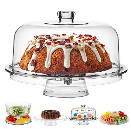 Acrylic Cake Stand with Dome Cover (12) 6 in 1 MultiFunctional Serving Platter and Cake Plate  Use as Cake Holder Salad Bowl Platter Punch Bowl Desert Platter Nachos  Salsa Plate