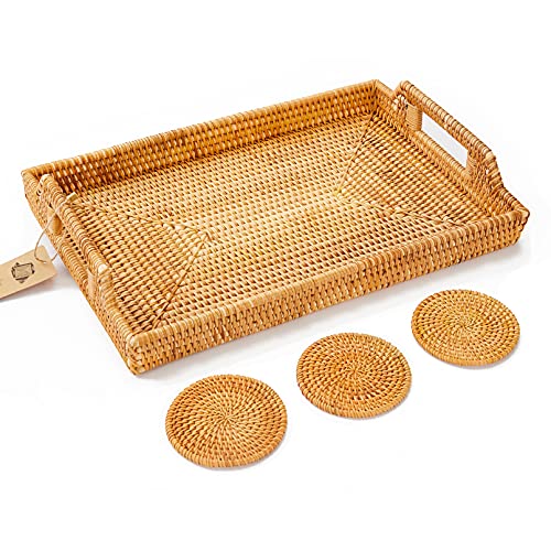 Large Rattan Tray with Rattan Coasters  Premium Flat Rectangular Serving Tray with Handles Wicker Basket Tray 17x114x2 Hand Woven Decorative Bed Tray for Coffee Table Boho Tray by LYSCO
