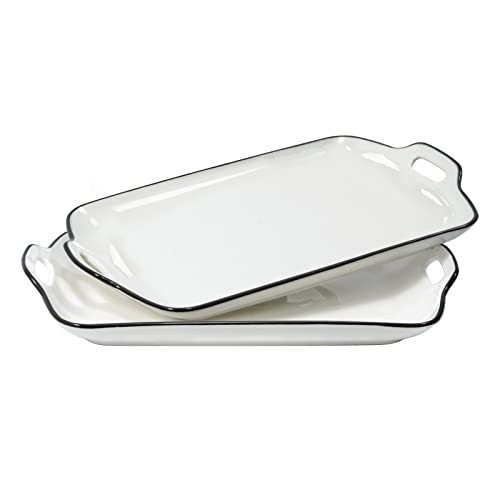 AQUIVER 14 Extra Large Serving Tray with Handles Porcelain White Serving Platter with Black Edge Party Serving Plates for Cupcakes Fruits Snacks Dessert Chips  Set of 2 (Creamy White)