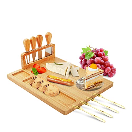 Bamboo Cheese Board and Knife SetInnovative Life Cheese Plate with Cutlery SetLarge Charcuterie Board Kitchen ServerEntertaining Platter Serving Tray for WineFruitsMeatUnique Gift
