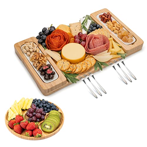 SMIRLY Bamboo Cheese Board Set  Large Charcuterie Board Set  Wooden Cheese Boards Charcuterie Boards  Unique Housewarming Gift  Appetizer  Cheese Platter Meat and Cheese Tray Wood Serving Board