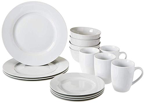 Amazon Basics 16Piece Porcelain Kitchen Dinnerware Set with Plates Bowls and Mugs Service for 4  White