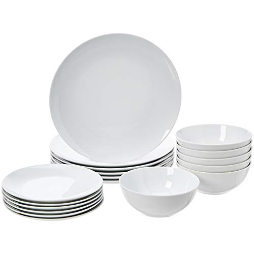 Amazon Basics 18Piece Kitchen Dinnerware Set Plates Dishes Bowls Service for 6 White Porcelain Coupe